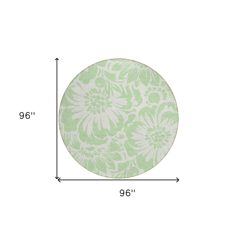 8' Round Mint Green and Ivory Round Floral Washable Non Skid Indoor Outdoor Area Rug