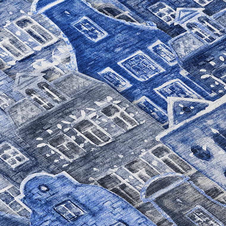 8' Navy Blue And Sky Blue Round Village Houses Washable Indoor Outdoor Area Rug