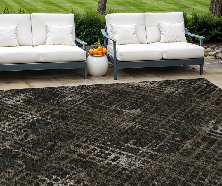 10' X 14' Brown And Chocolate Geometric Washable Indoor Outdoor Area Rug