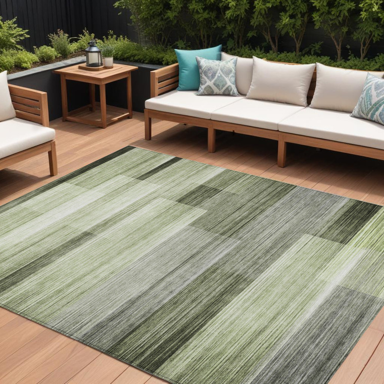 8' X 10' Green And Ivory Striped Washable Indoor Outdoor Area Rug - Green, Ivory