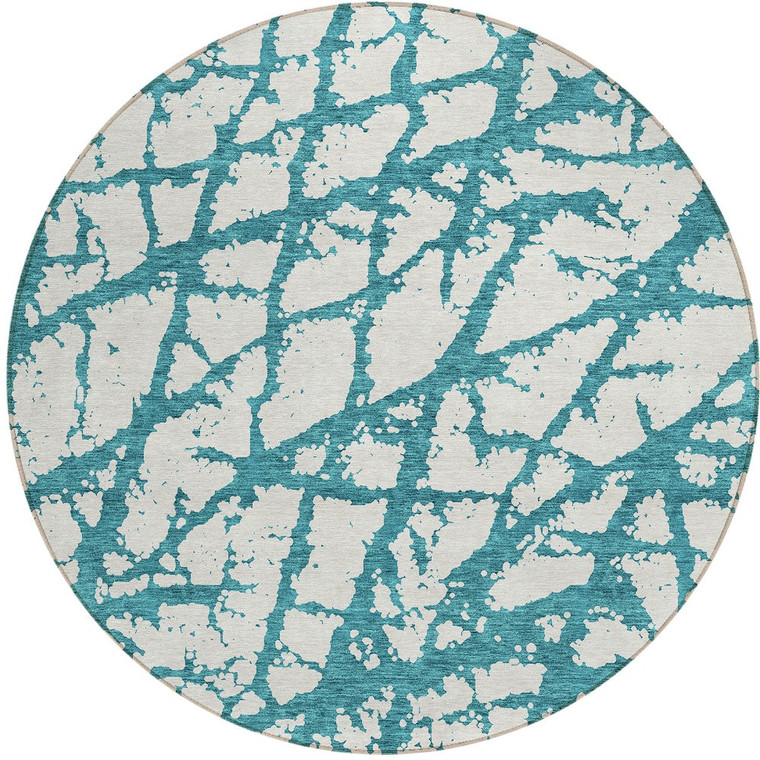 8' Teal Blue And Ivory Round Abstract Washable Indoor Outdoor Area Rug - 880016607253