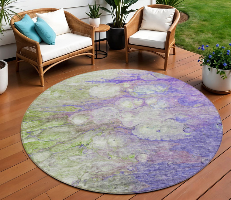 8' Purple Lilac And Artichoke Green Round Abstract Washable Indoor Outdoor Area Rug