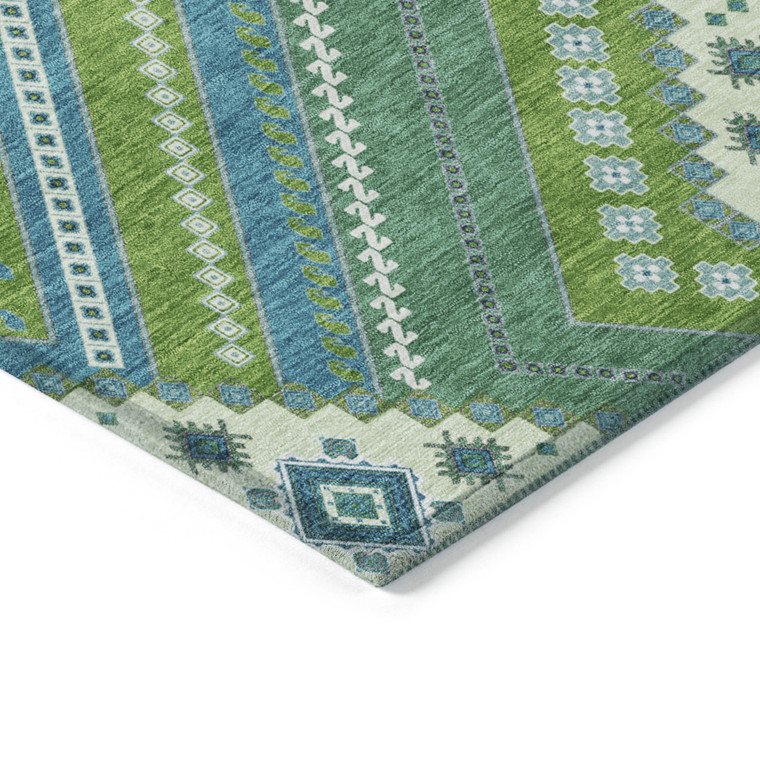 8' X 10' Lime Green Aqua And Ivory Tribal Washable Indoor Outdoor Area Rug