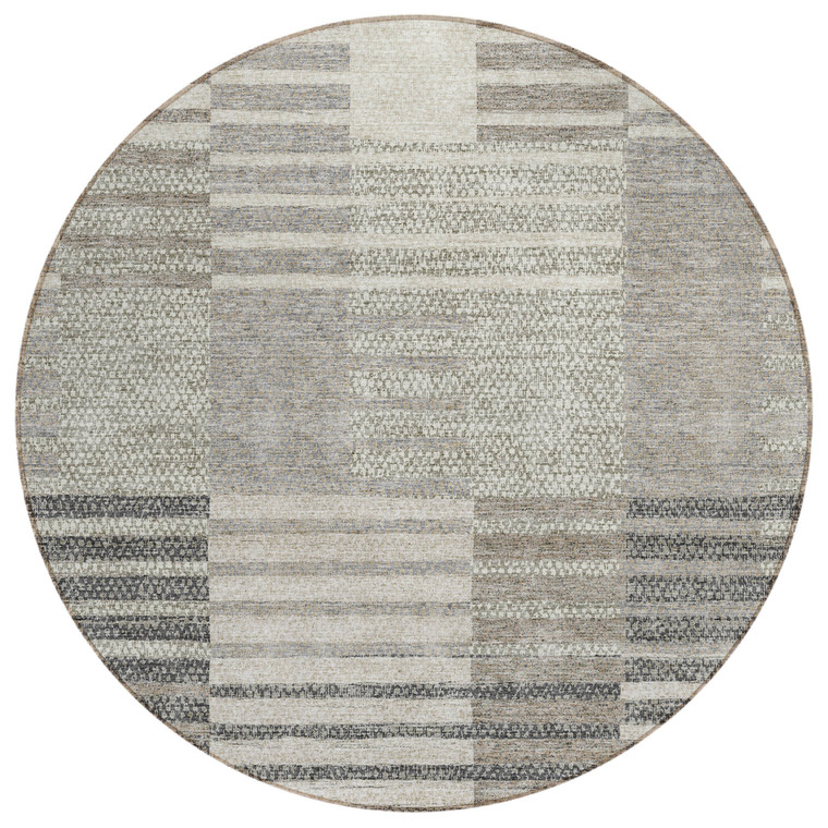 8' Beige Ivory And Taupe Round Striped Washable Indoor Outdoor Area Rug