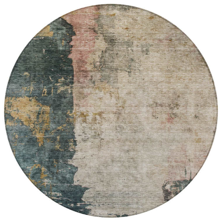 8' Taupe Blue And Lavender Round Abstract Washable Indoor Outdoor Area Rug