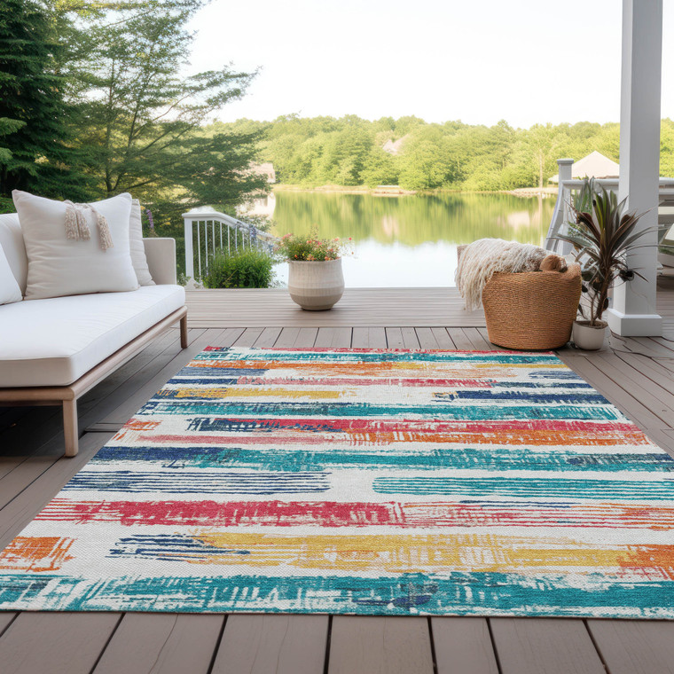 10' X 14' Ivory Teal Blue Orange And Red Striped Washable Indoor Outdoor Area Rug