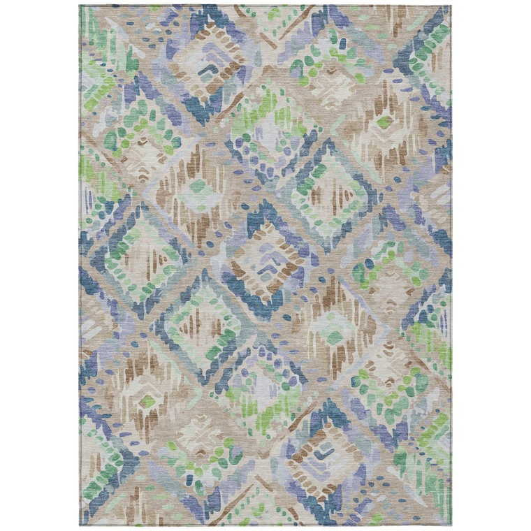 10' X 14' Beige Blue And Green Geometric Washable Indoor Outdoor Area Rug