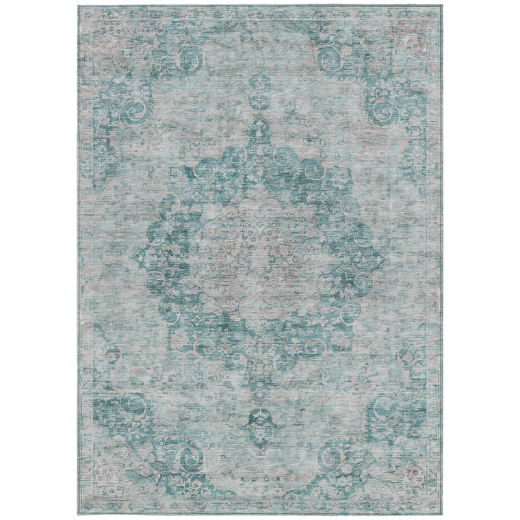 9' X 12' Teal Blue Floral Medallion Washable Indoor Outdoor Area Rug - Teal Blue