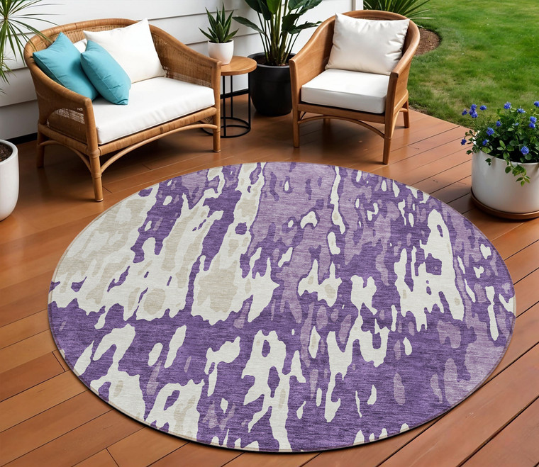 8' Purple And Ivory Round Abstract Washable Indoor Outdoor Area Rug - 880016832594