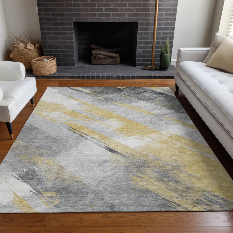 8' X 10' Gold And Gray Striped Washable Indoor Outdoor Area Rug