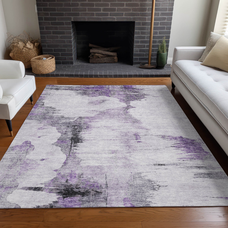 10' X 14' Purple Lavender And Gray Abstract Washable Indoor Outdoor Area Rug