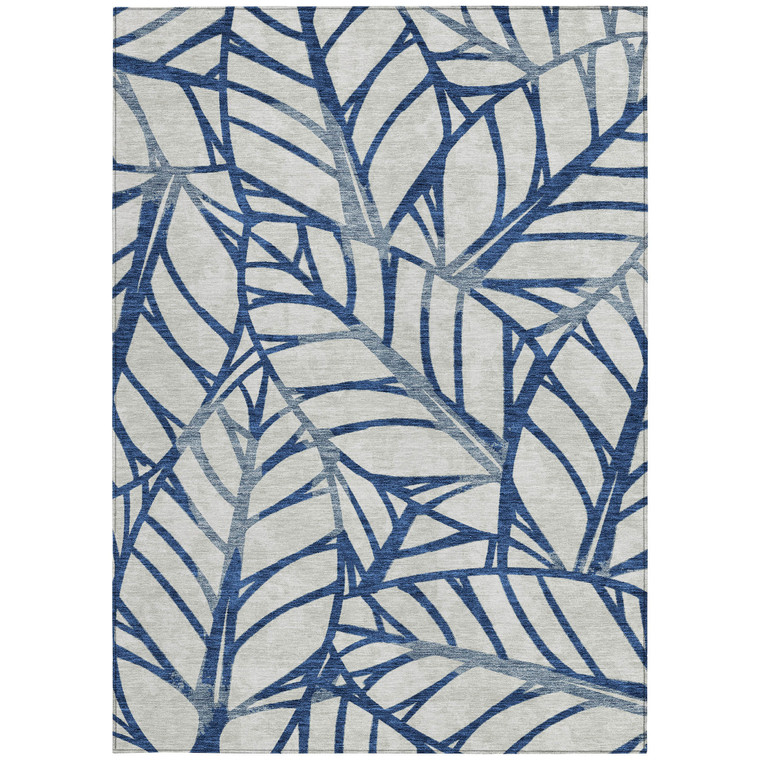 9' X 12' Navy Blue And Beige Floral Washable Indoor Outdoor Area Rug - Navy Blue, Beige