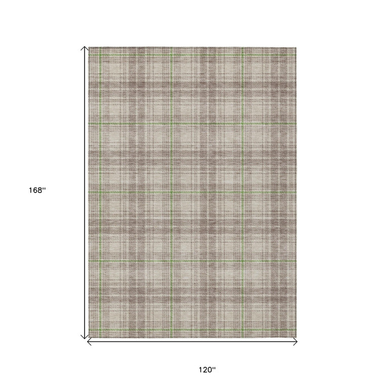 10' X 14' Beige Ivory And Green Plaid Washable Indoor Outdoor Area Rug