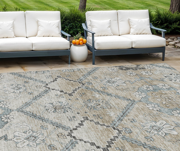 10' X 14' Beige Taupe And Tan Floral Washable Indoor Outdoor Area Rug