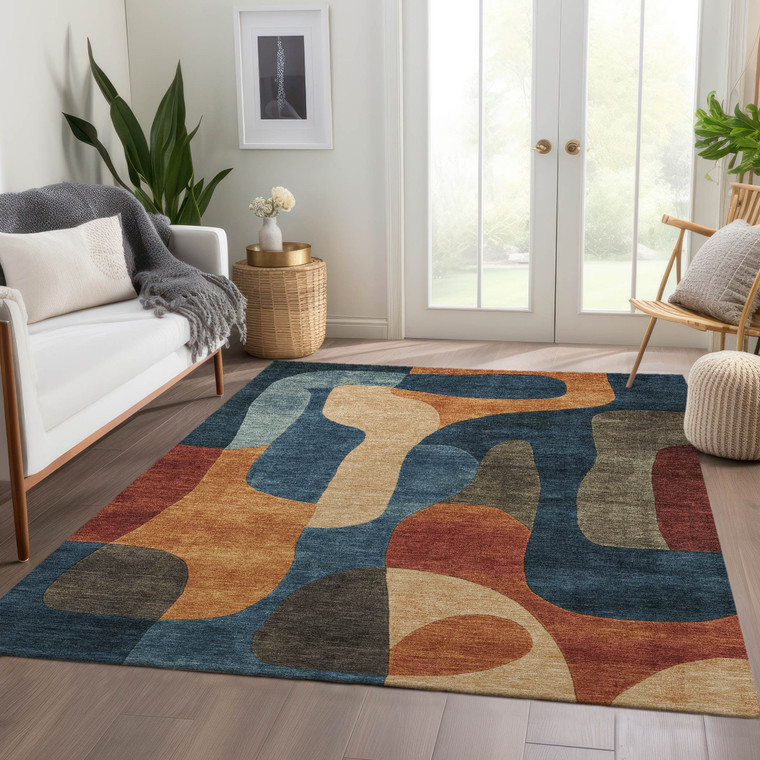 8' X 10' Navy Blue And Orange Abstract Washable Indoor Outdoor Area Rug