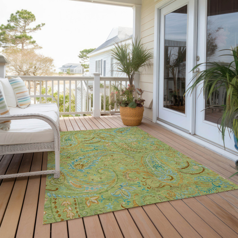 8' X 10' Artichoke Green Paisley Washable Indoor Outdoor Area Rug