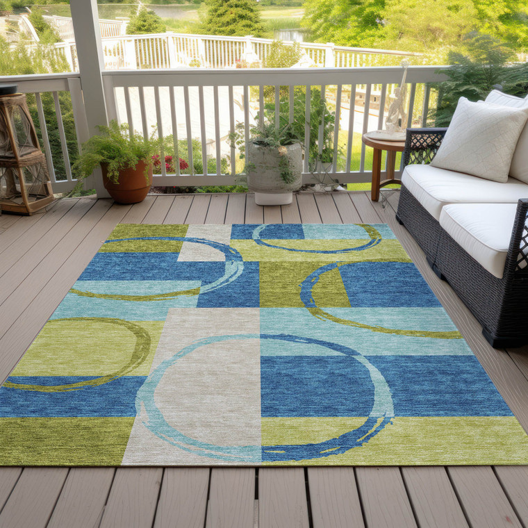 8' X 10' Denim Blue And Lime Green Geometric Washable Indoor Outdoor Area Rug