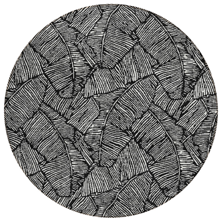 8' Black And Ivory Round Floral Washable Indoor Outdoor Area Rug - Black, Ivory