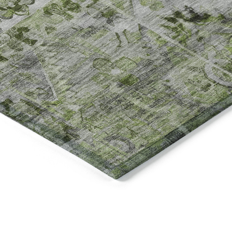 8' X 10' Artichoke Green And Gray Floral Medallion Washable Indoor Outdoor Area Rug