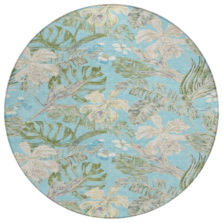8' Teal Blue Olive Green And Beige Round Botanical Leaves Washable Indoor Outdoor Area Rug