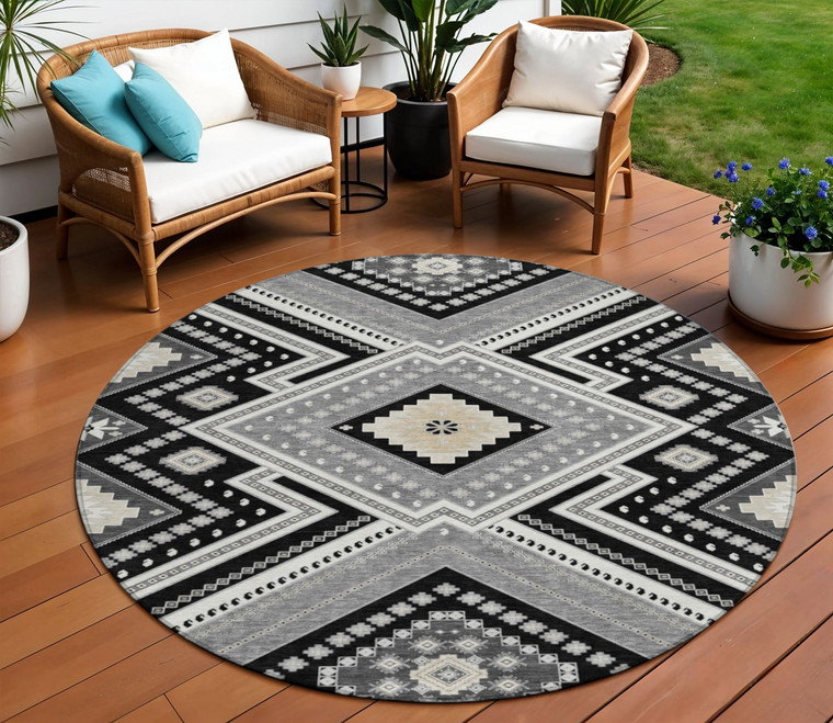 8' Black Gray And Ivory Round Tribal Washable Indoor Outdoor Area Rug