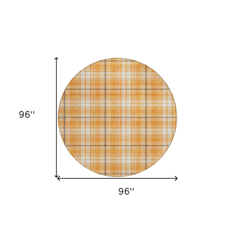 8' Orange Blue And Ivory Round Plaid Washable Indoor Outdoor Area Rug