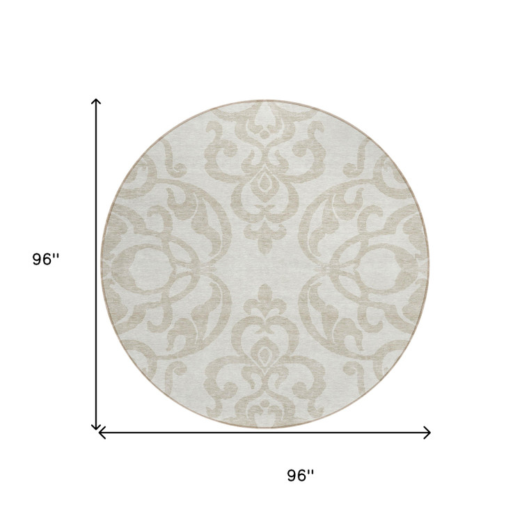 8' Ivory And Beige Round Damask Washable Indoor Outdoor Area Rug