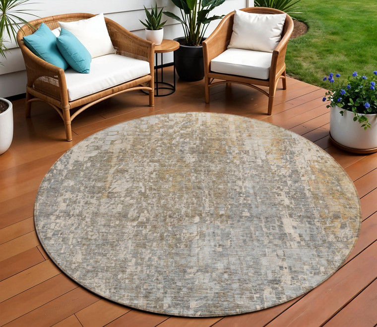 8' Beige Gray And Taupe Round Abstract Washable Indoor Outdoor Area Rug