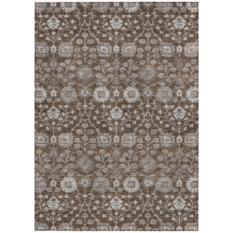 9' X 12' Chocolate Beige And Gray Floral Washable Indoor Outdoor Area Rug - Chocolate, Beige, Gray
