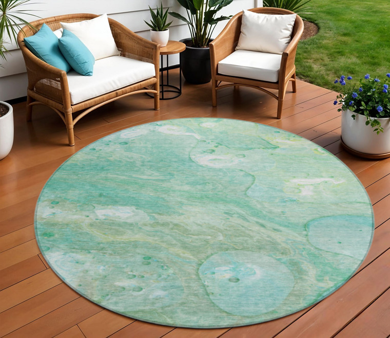 8' Teal Blue Mint Green And Ivory Round Abstract Washable Indoor Outdoor Area Rug