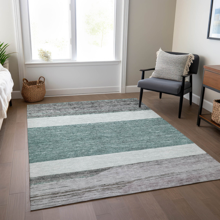 8' X 10' Teal Blue Off White And Gray Abstract Washable Indoor Outdoor Area Rug