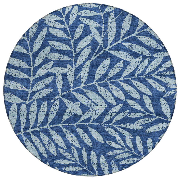 8' Navy Blue And Light Blue Round Floral Washable Indoor Outdoor Area Rug
