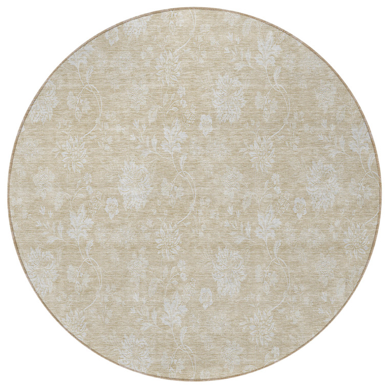 8' Beige Tan And Ivory Round Floral Washable Indoor Outdoor Area Rug - Beige, Tan, Ivory