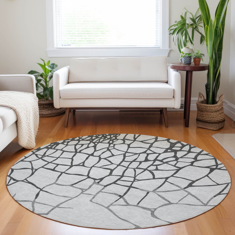 8' Gray And Charcoal Round Abstract Washable Indoor Outdoor Area Rug Transitional Style - Gray, Charcoal Color