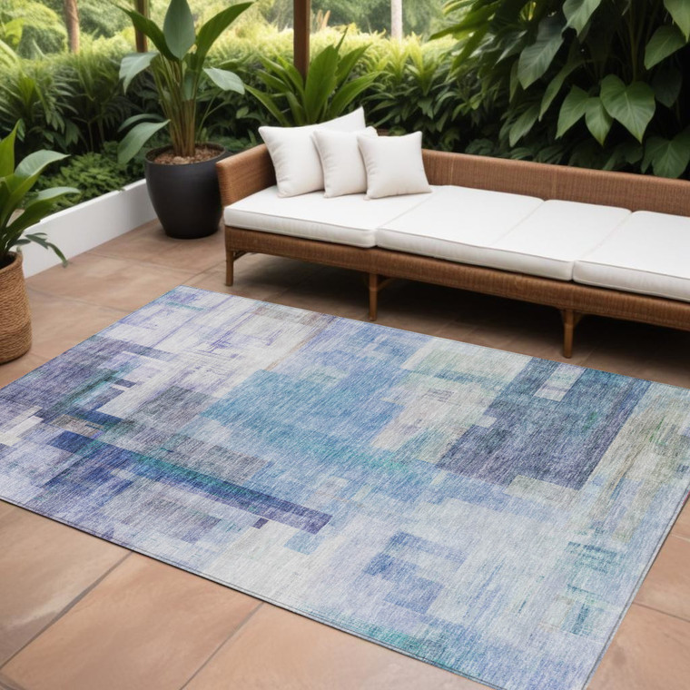 10' X 14' Blue Ivory And Gray Abstract Washable Indoor Outdoor Area Rug