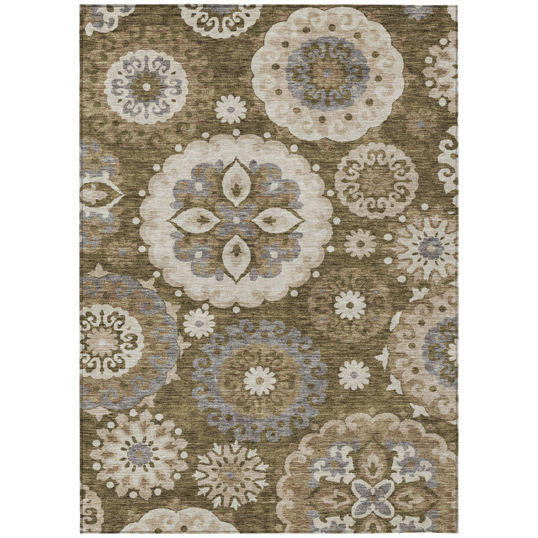 10' X 14' Brown Ivory And Beige Floral Medallion Washable Indoor Outdoor Area Rug
