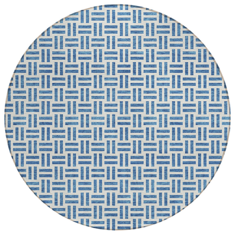 8' Denim Blue And Ivory Round Geometric Washable Indoor Outdoor Area Rug - 880016685459