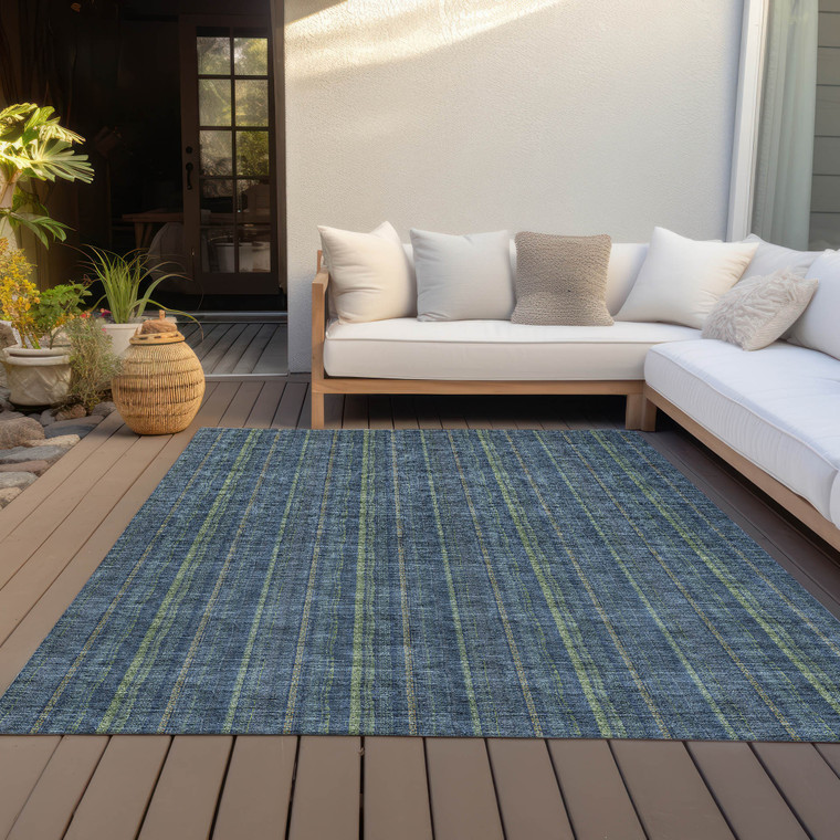 8' X 10' Blue Denim Blue And Mint Green Striped Washable Indoor Outdoor Area Rug