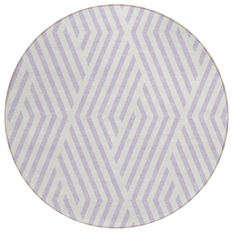 8' Round Lavender and Ivory Round Geometric Washable Non Skid Indoor Outdoor Area Rug