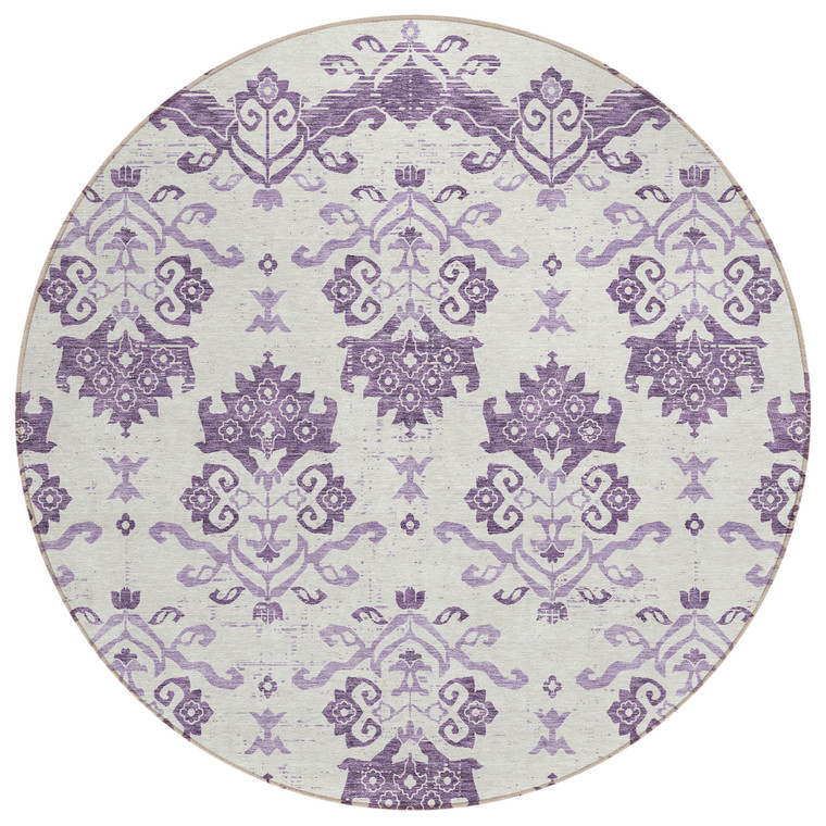 8' Purple Silver And Lilac Round Oriental Washable Indoor Outdoor Area Rug