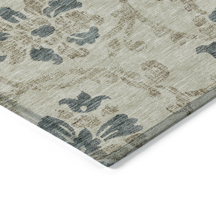 9' X 12' Beige Tan And Blue Floral Washable Indoor Outdoor Area Rug