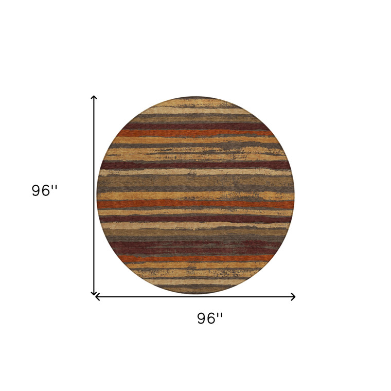 8' Chocolate Beige And Copper Round Striped Washable Indoor Outdoor Area Rug