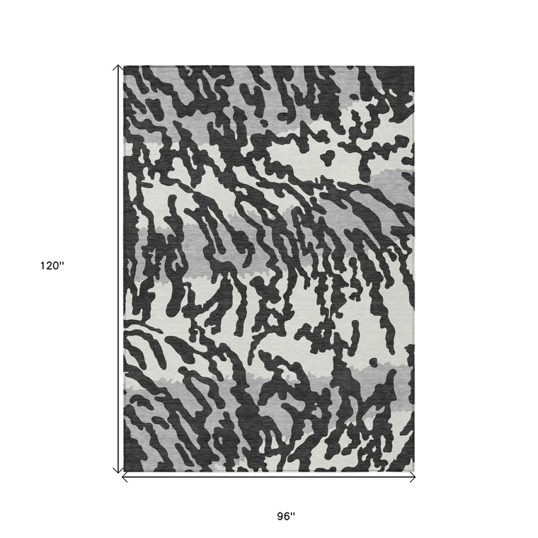 8' X 10' Black Gray And Ivory Animal Print Washable Indoor Outdoor Area Rug