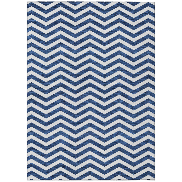 9' X 12' Navy Blue And Ivory Chevron Washable Indoor Outdoor Area Rug