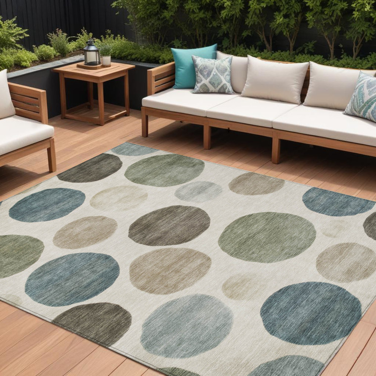 8' X 10' Ivory Fern Green And Teal Blue Geometric Washable Indoor Outdoor Area Rug