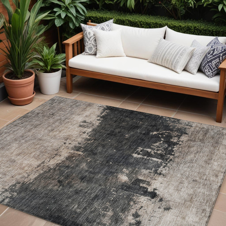 8' X 10' Taupe And Charcoal Abstract Washable Indoor Outdoor Area Rug