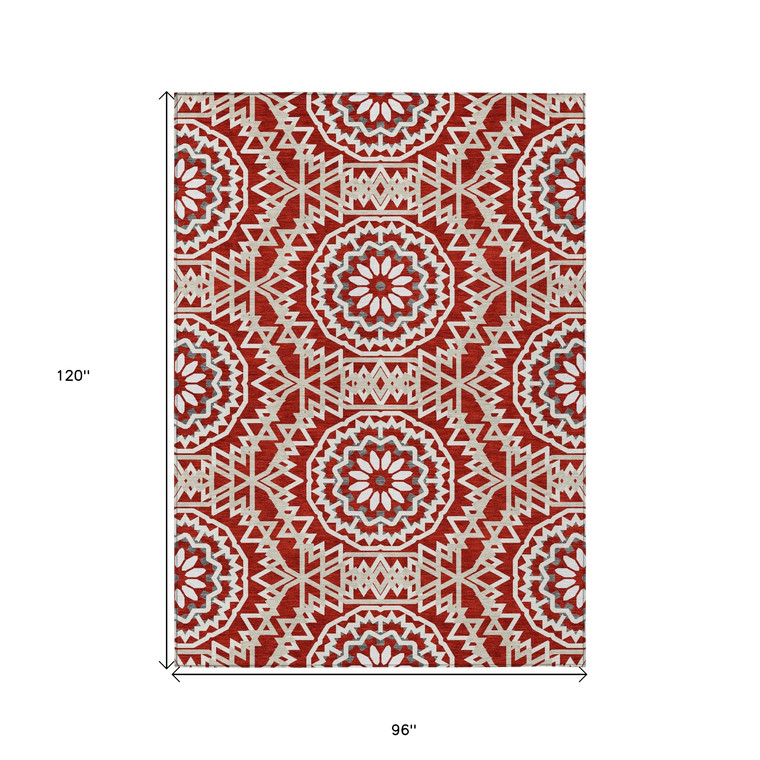 8' X 10' Red Beige And Ivory Floral Medallion Washable Indoor Outdoor Area Rug
