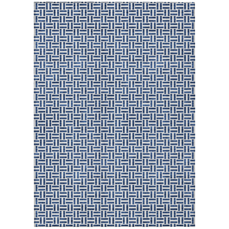 9' X 12' Navy Blue And Gray Geometric Washable Indoor Outdoor Area Rug