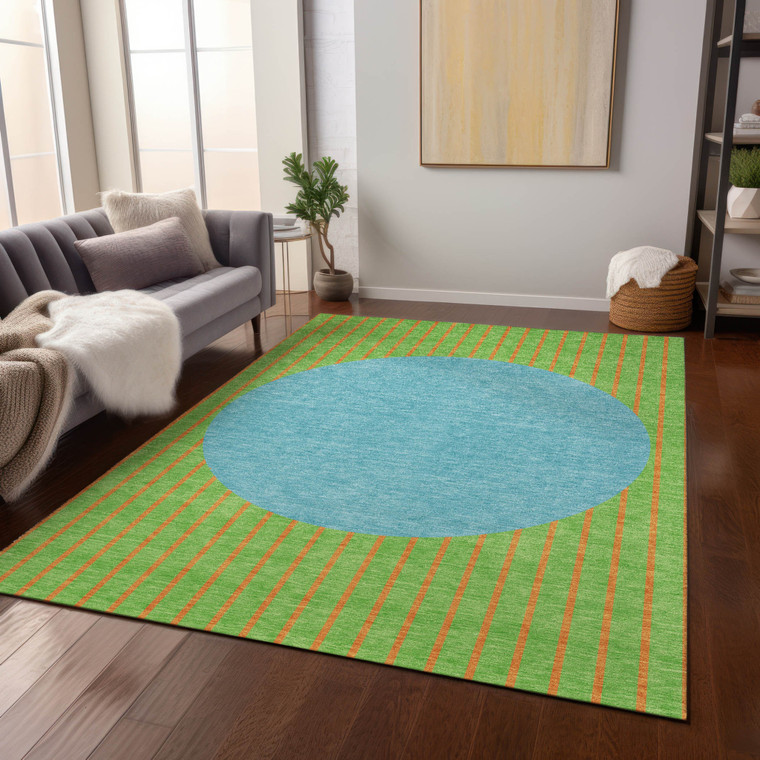 9' X 12' Lime Green And Blue Striped Washable Indoor Outdoor Area Rug