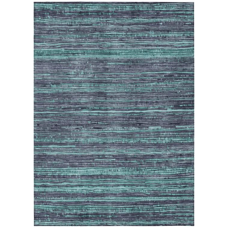 10' X 14' Teal Blue And Gray Striped Washable Indoor Outdoor Area Rug - Teal Blue, Gray